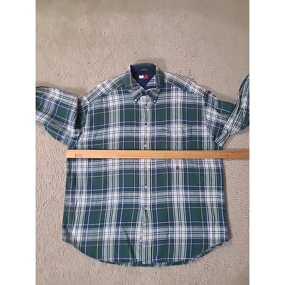 Vtg Tommy Hilfiger Flannel Shirt Mens XL Green Blue Plaid Heavyweight Preppy Y2K - Picture 11 of 12